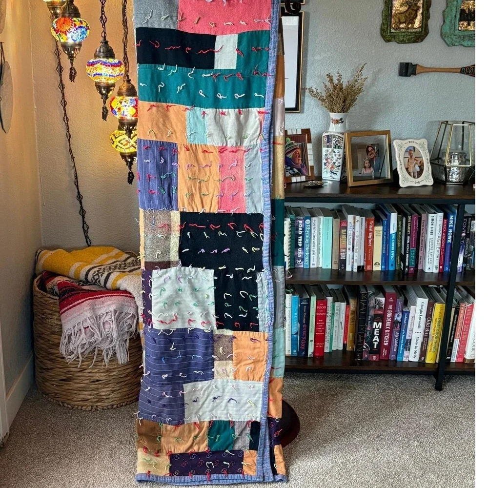 Vintage Handmade Scrap Patchwork Quilt – Mixed Cotton & Wool –‎ Tied Quilt